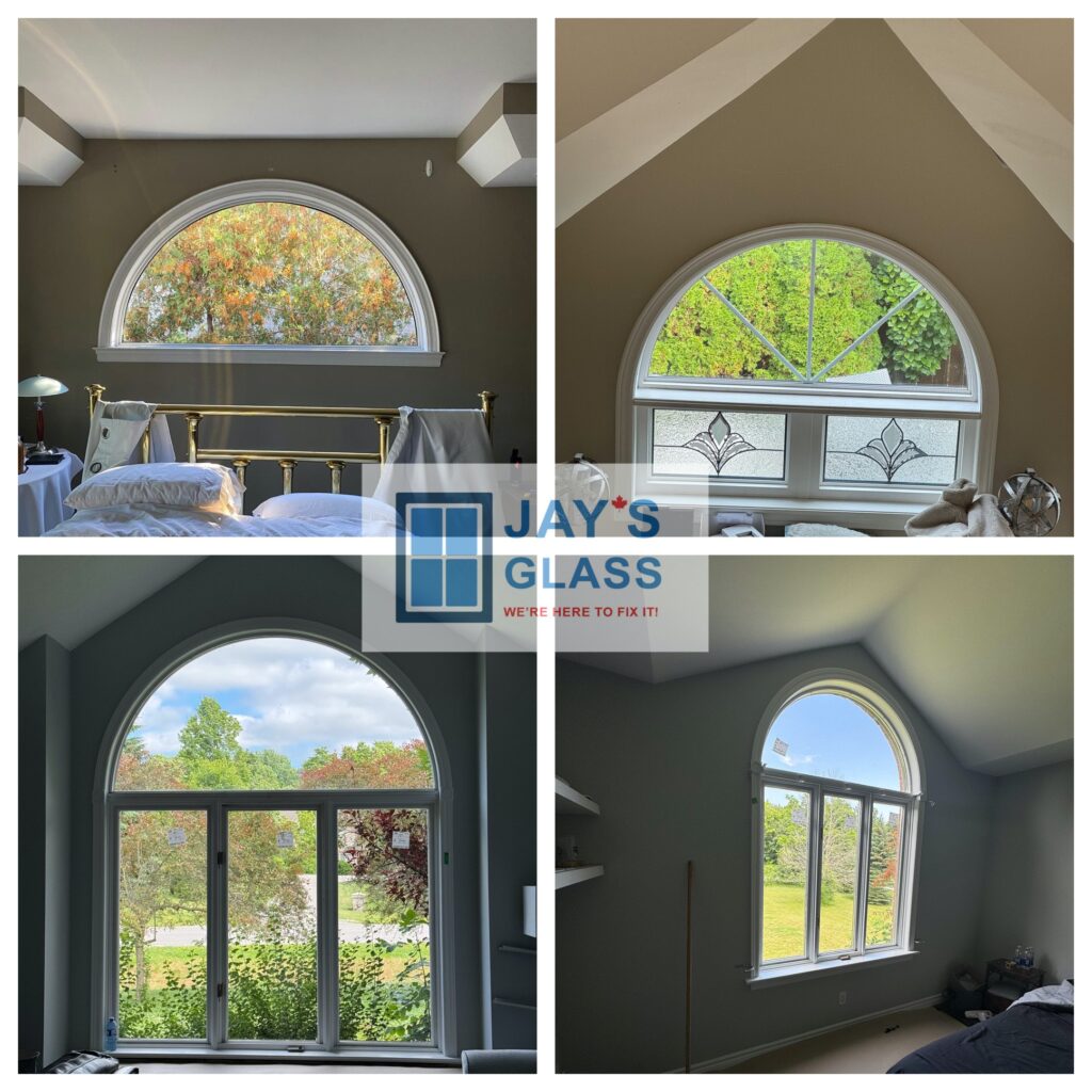 Arch window glass replacement in Toronto home- custom curved thermal pane installation by Jay's Glass